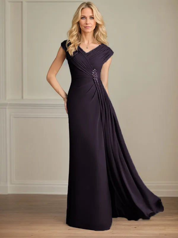 Column Chiffon V Neck Sleeveless Floor Length Mother of the Bride Dresses