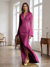 Yellow Long Bell Sleeve Mermaid Evening Gown with Asymmetric V-Neck Formal Dresses