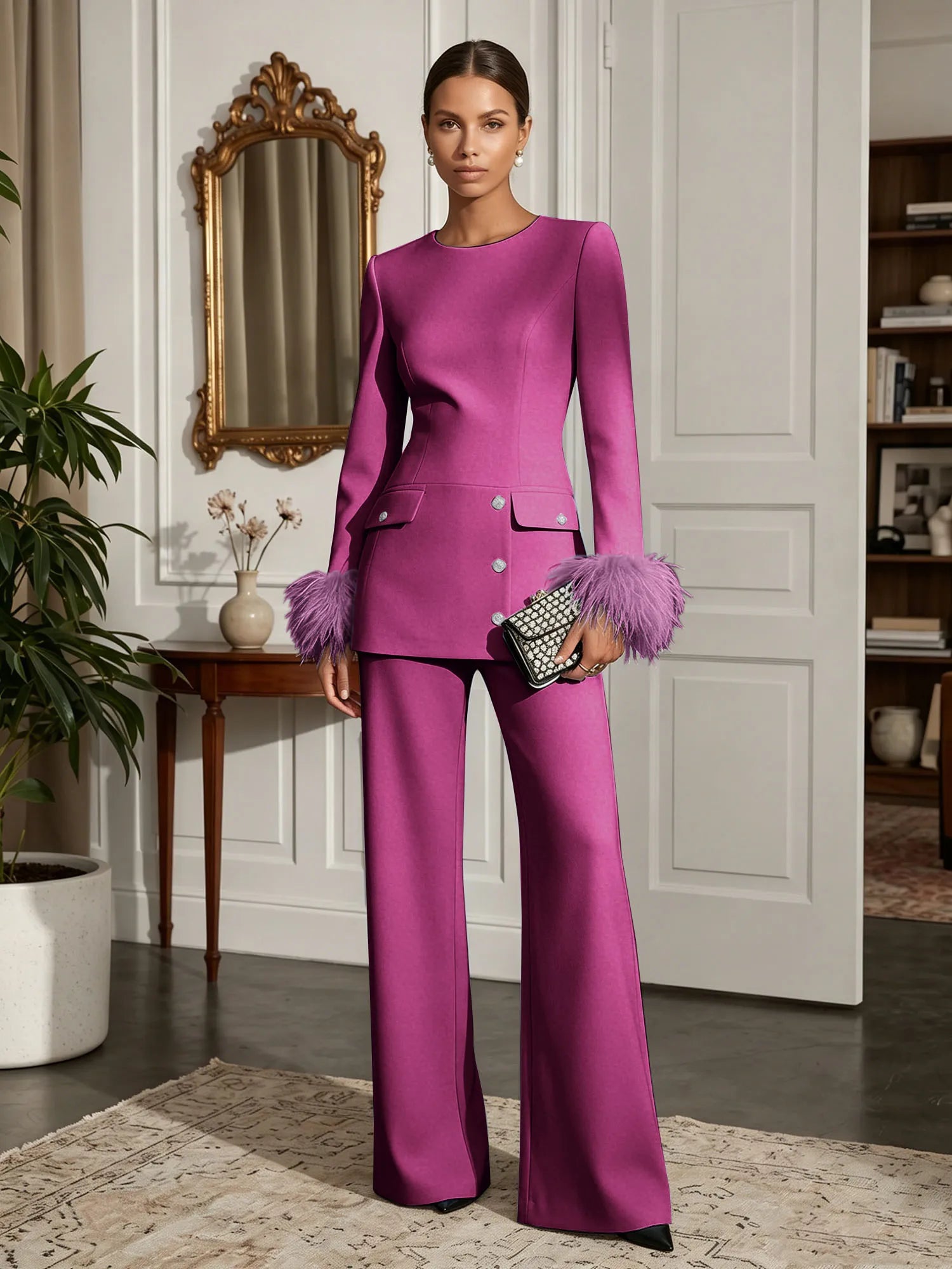 Women's White Two-Piece Set: Buckle Detail Feather-Trimmed Top & Straight-Leg Pants