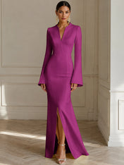 Formal Yellow V Neck Long Sleeves Floor Length Dress With Slit