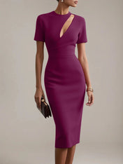 Red Sheath/Column Stretch Crepe Scoop Neck Short Sleeves Tea Length Dresses