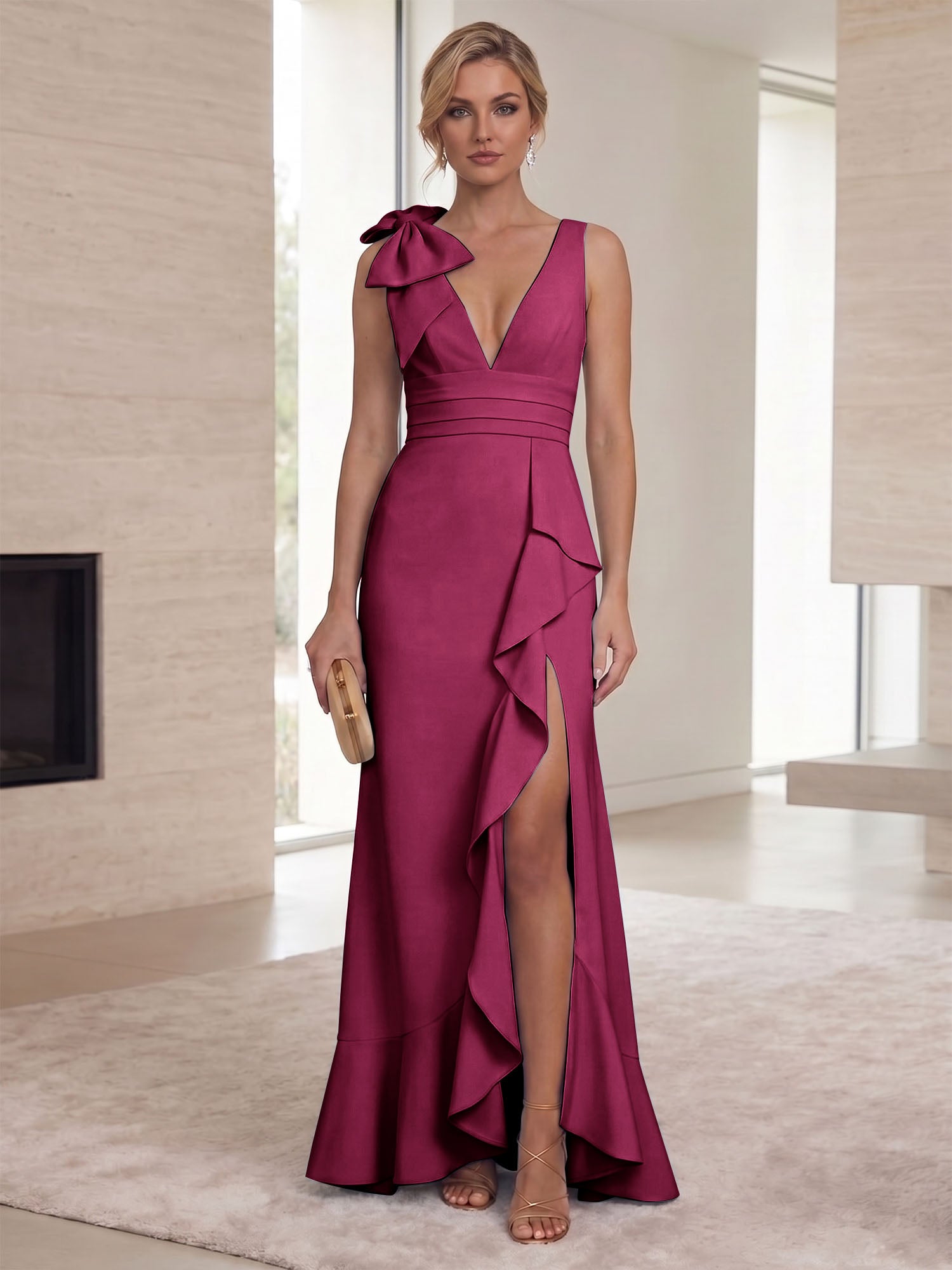 Ice Blue Bow-Accent Ruffle Slit Gown Formal Evening Dress