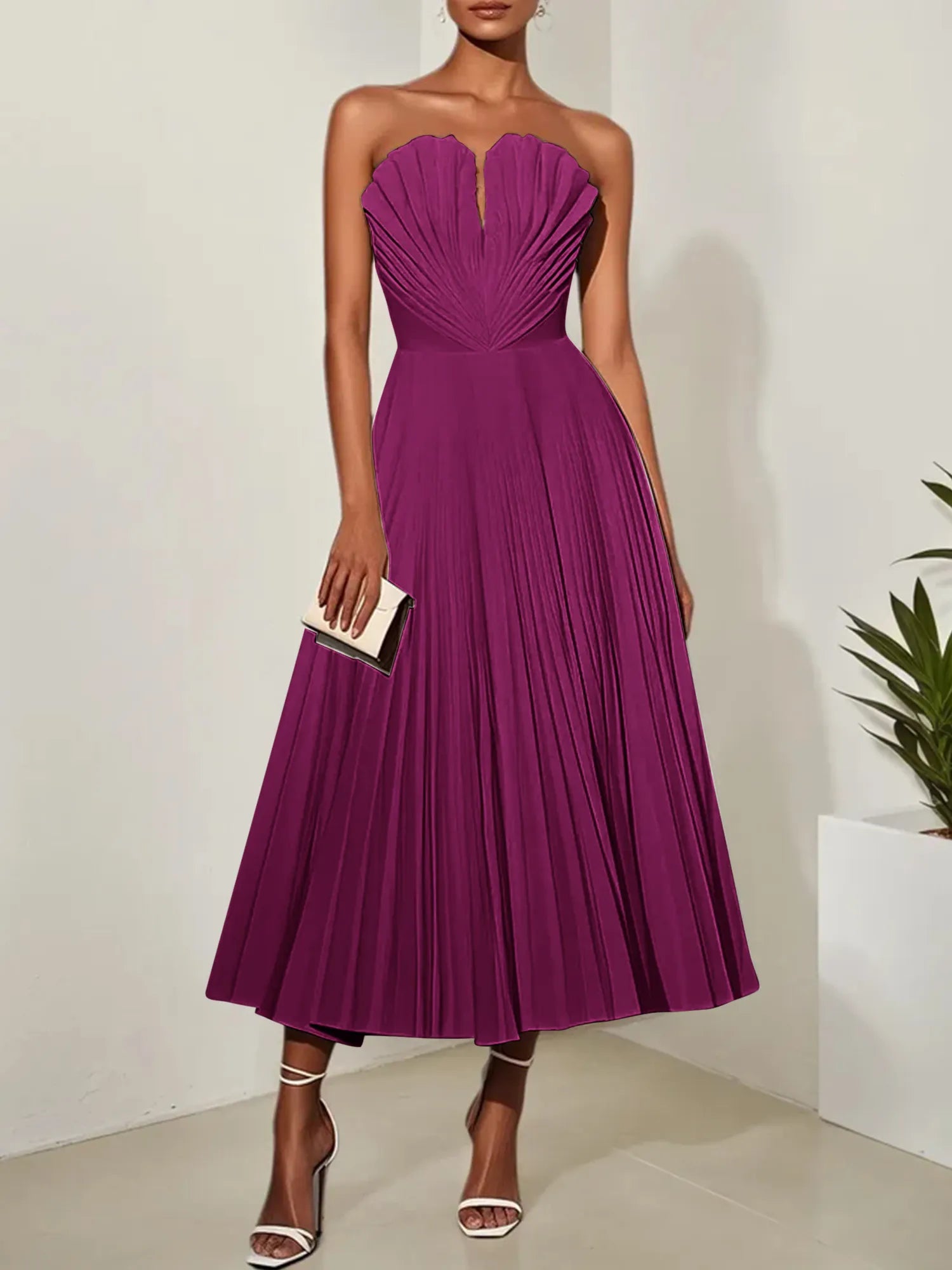 White Pleated Classic Strapless Sleeveless A-Line Midi Dress
