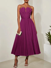 White Pleated Classic Strapless Sleeveless A-Line Midi Dress