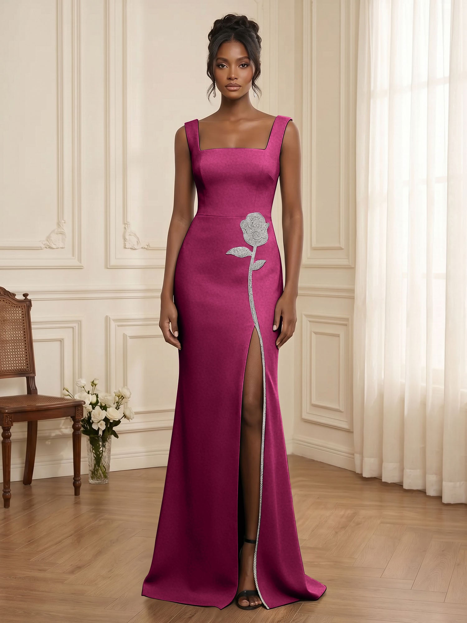 Formal Evening Dress Glamorous Black Square-Neck Crystal Rose Slit Gown