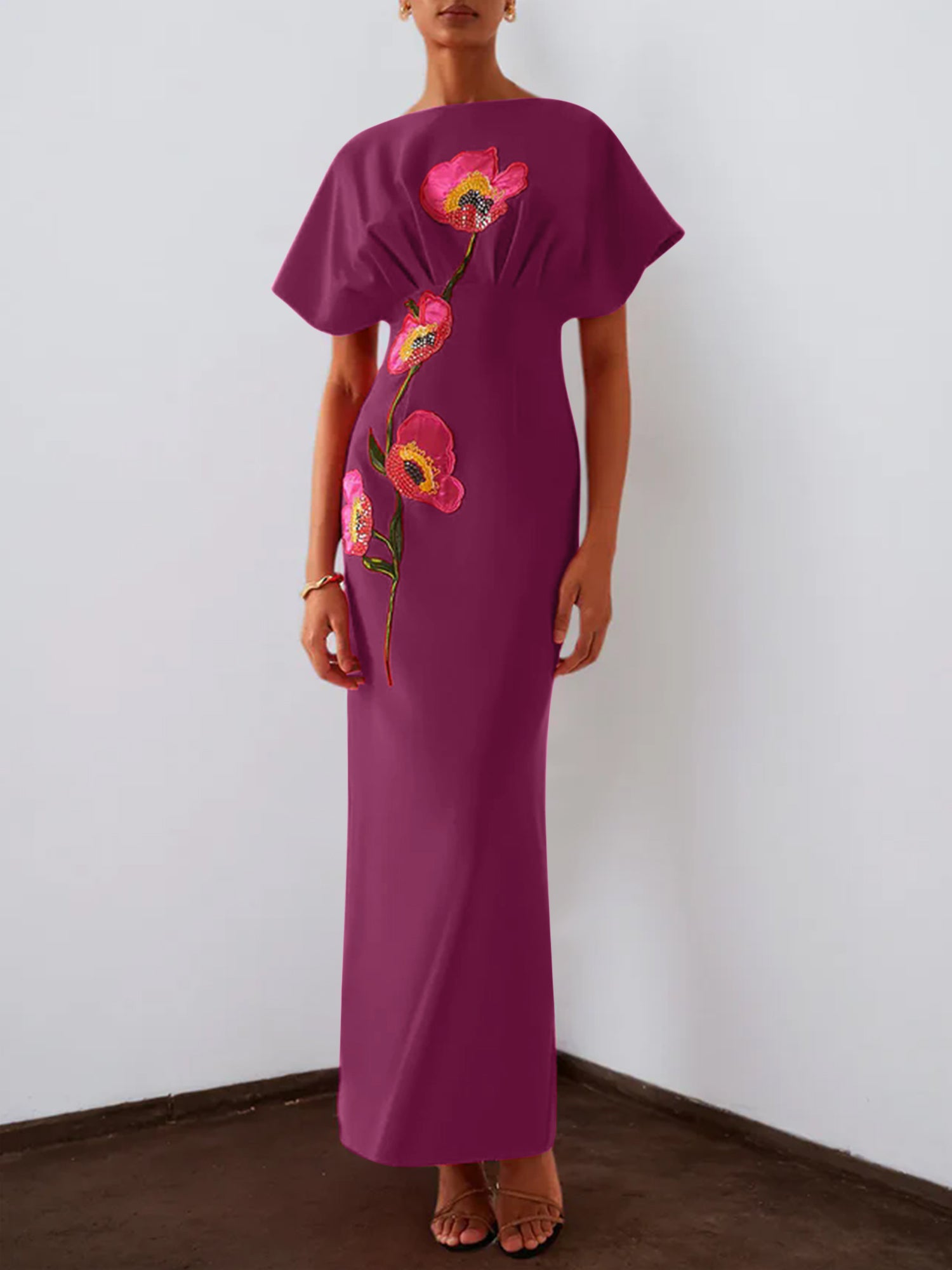 Red 3D Floral Appliqué Boat Neck Short Sleeve Backless Sheath Maxi Dress