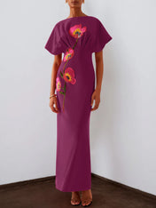 Red 3D Floral Appliqué Boat Neck Short Sleeve Backless Sheath Maxi Dress