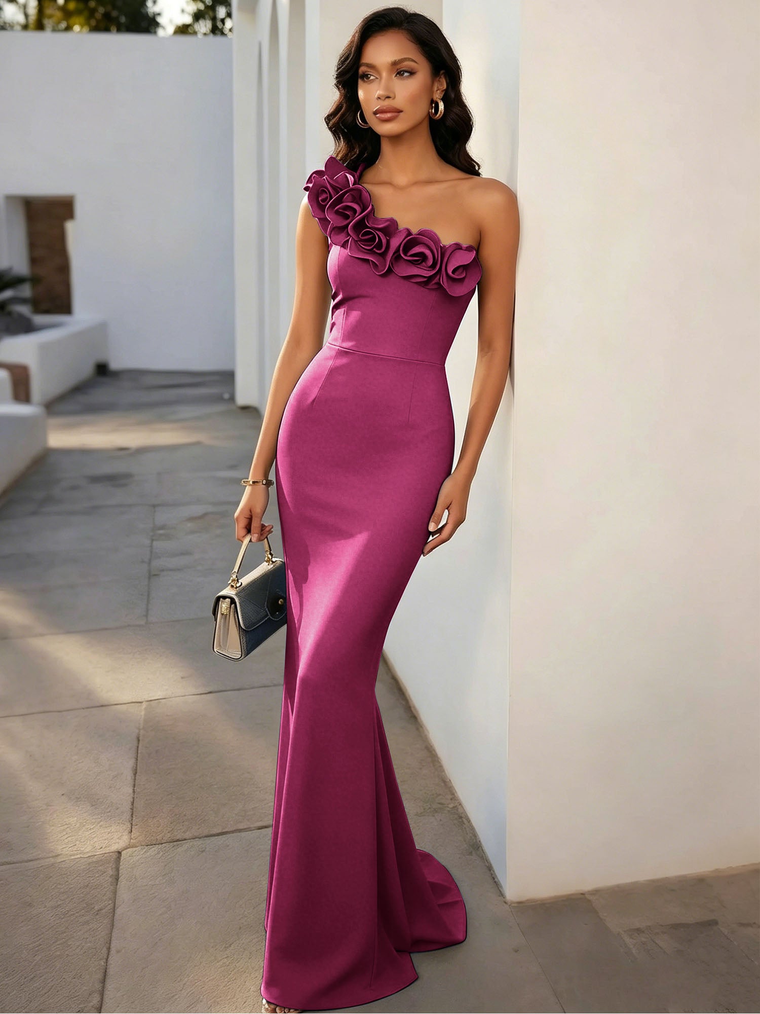 Navy Blue 3D Floral Classic One Shoulder Sleeveless Mermaid Gown Dress