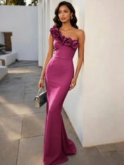 Navy Blue 3D Floral Classic One Shoulder Sleeveless Mermaid Gown Dress