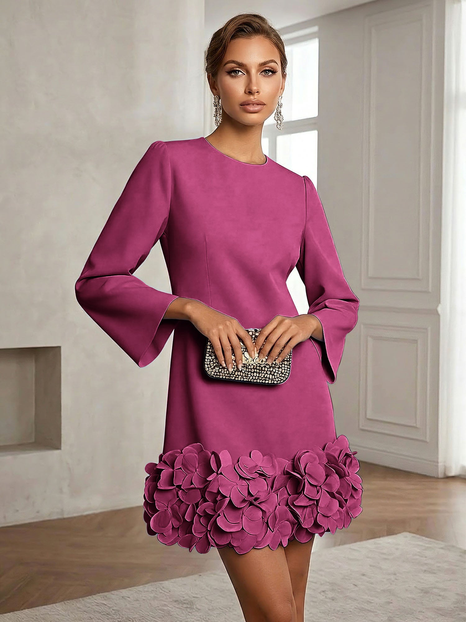 Powder Blue 3D Floral Classic Crew Neck Bell Long Sleeve Shift Mini Dress