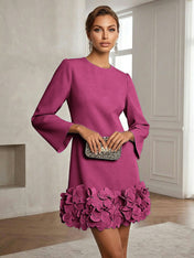 Powder Blue 3D Floral Classic Crew Neck Bell Long Sleeve Shift Mini Dress