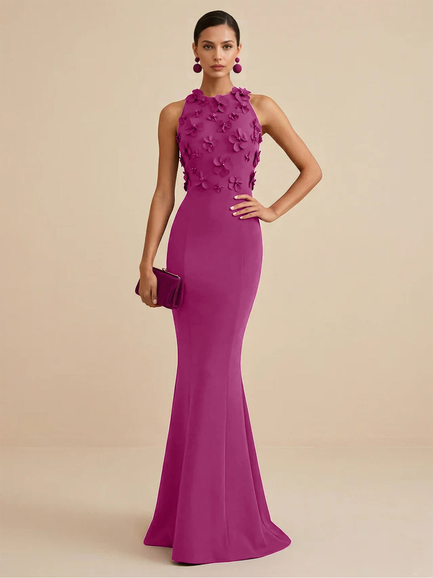Deep Fuchsia Sleeveless High Neck 3D Floral Mermaid Formal Gown Evening Dress