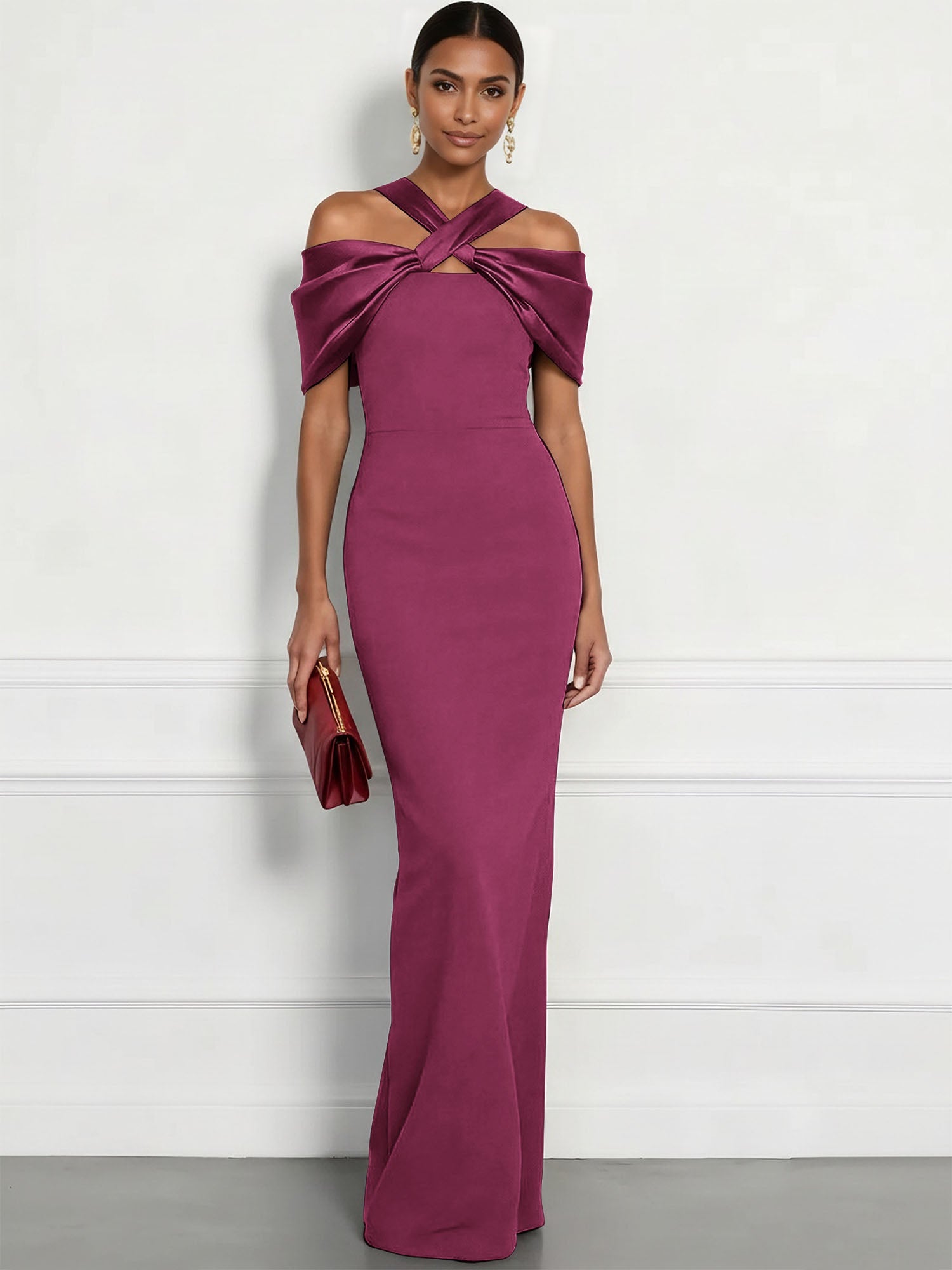 Regal Plum Crepe Column Gown with Satin Criss-Cross Halter Maxi Dress