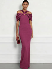 Regal Plum Crepe Column Gown with Satin Criss-Cross Halter Maxi Dress