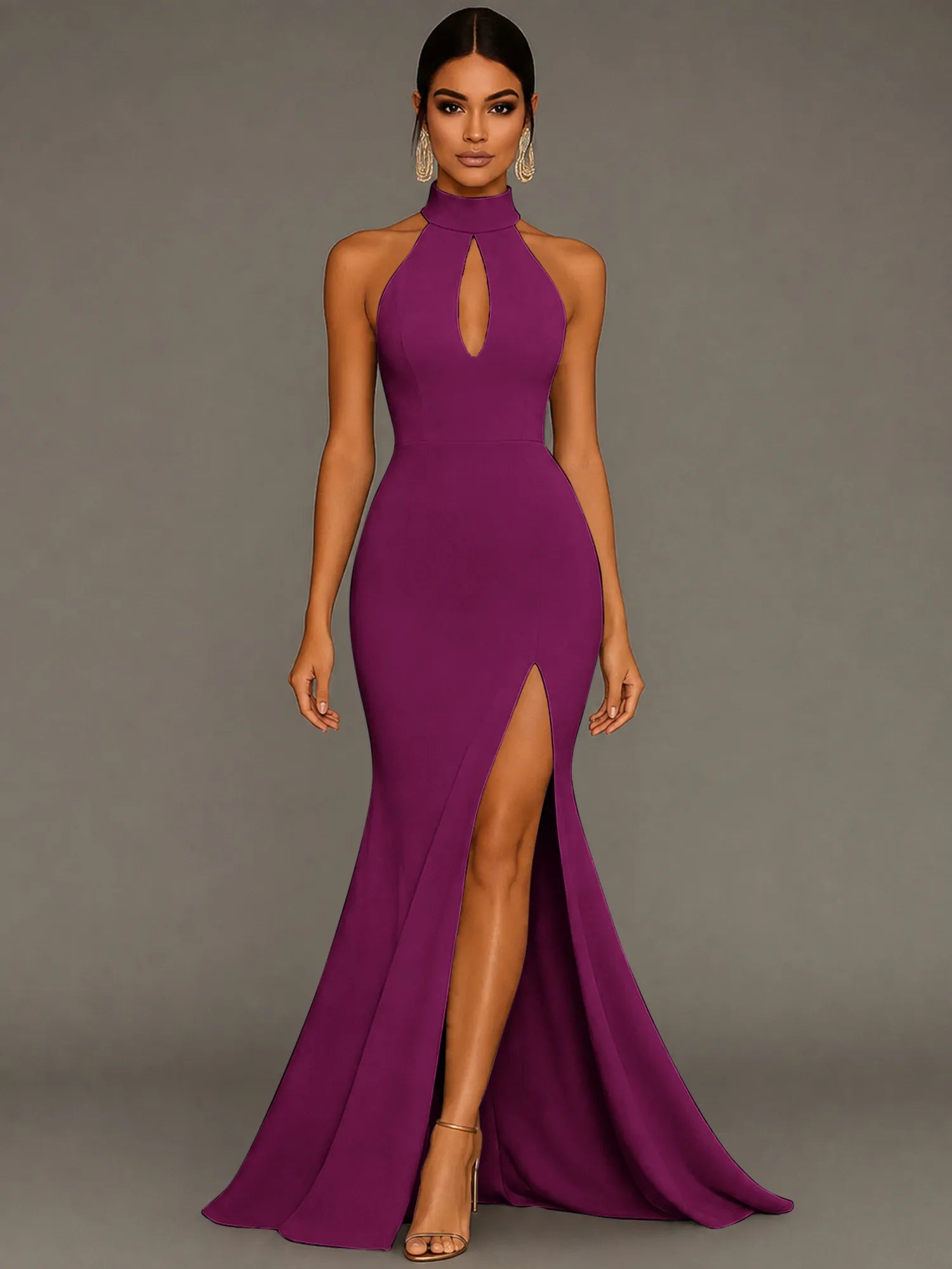 Mermaid Halter Neck Satin Formal Dress with Slit