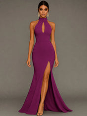 Mermaid Halter Neck Satin Formal Dress with Slit