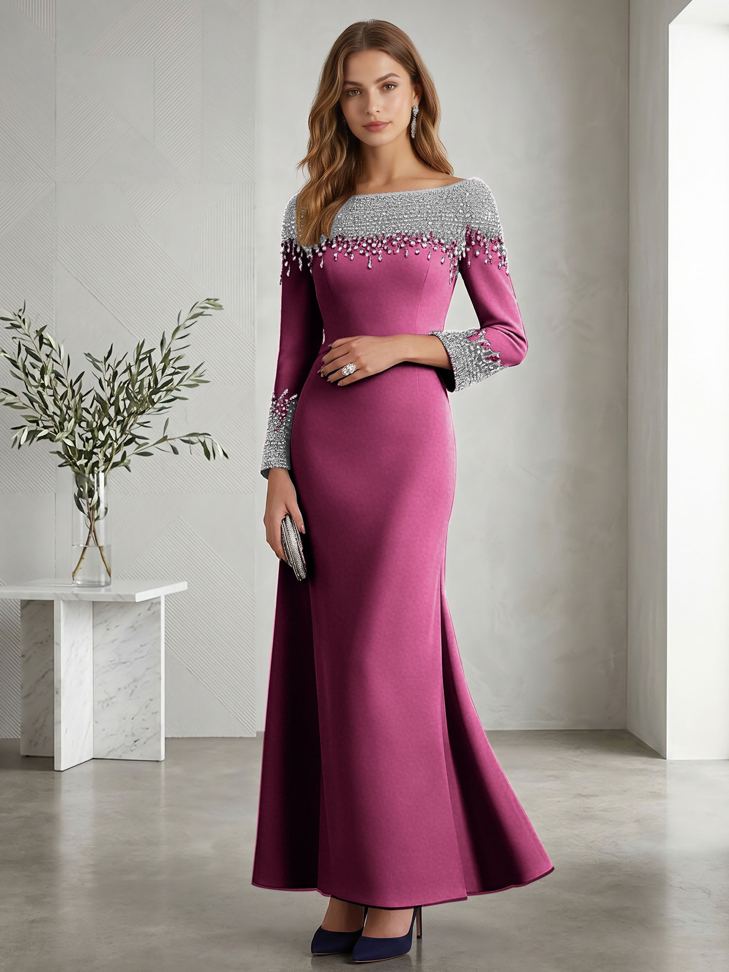 Formal Evening Dress Midnight Navy Velvet Long Sleeves Maxi Dress with Crystal