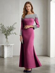 Formal Evening Dress Midnight Navy Velvet Long Sleeves Maxi Dress with Crystal