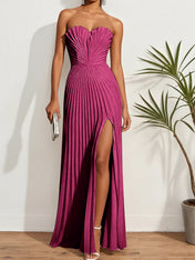 Pleated Classic Strapless Sleeveless A-Line Maxi Dress