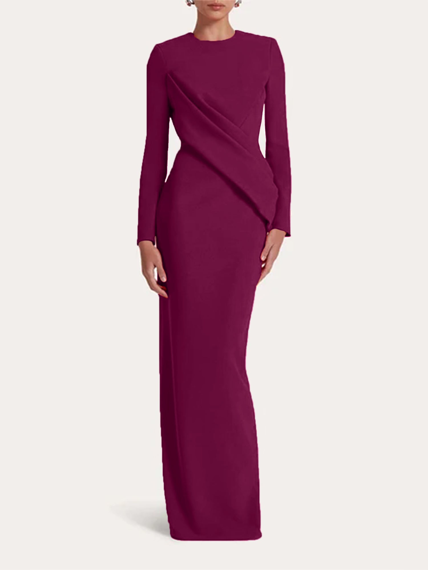 Red Sheath/Column Scoop Long Sleeves Chiffon Floor-Length Ruffles Formal Dress
