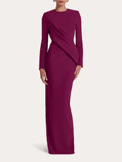 Red Sheath/Column Scoop Long Sleeves Chiffon Floor-Length Ruffles Formal Dress