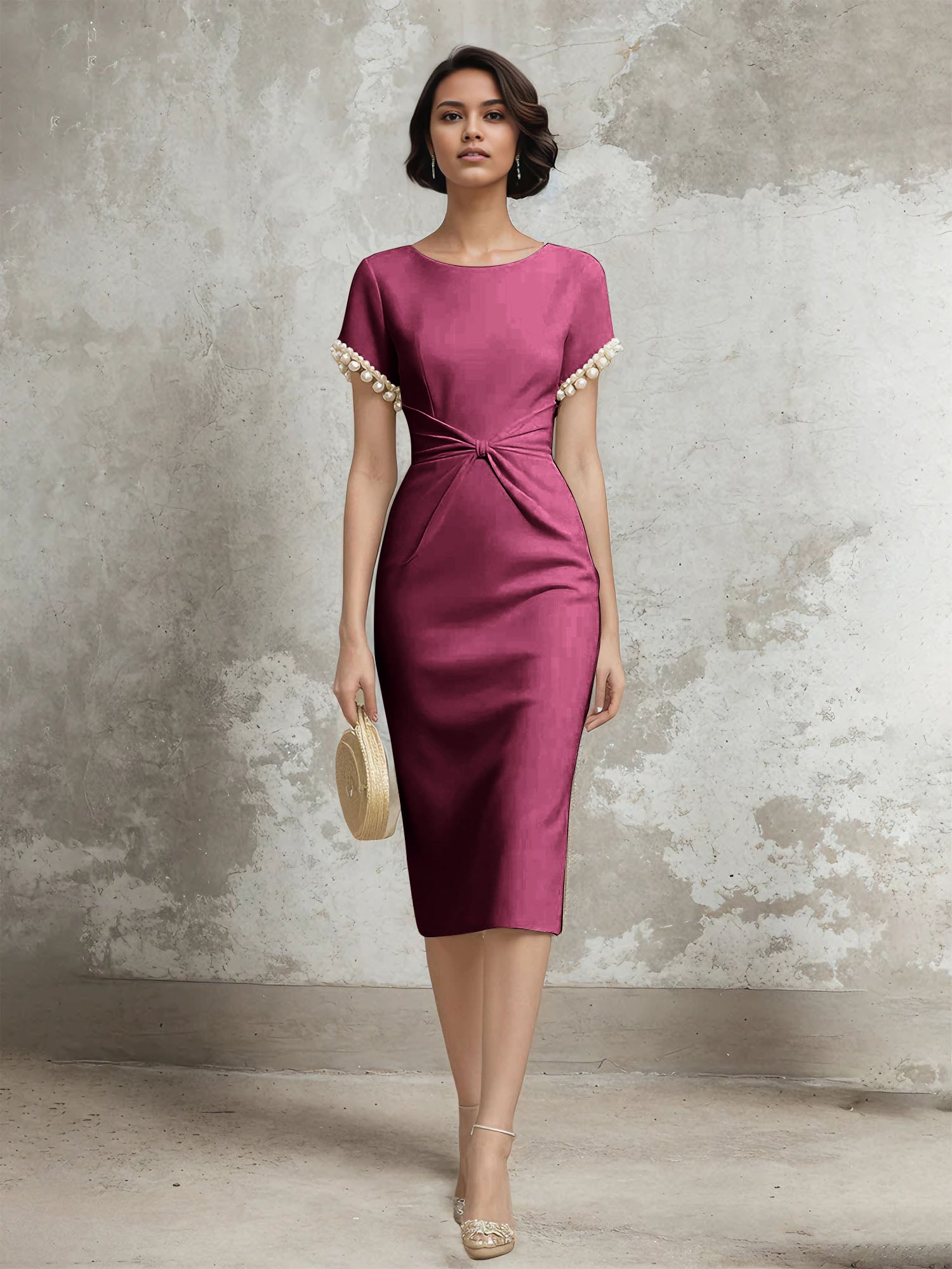 Column Short Sleeve Tea Length Dress With Pearls