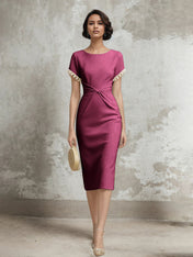 White Stretch Crepe Sheath/Column Short Sleeve Tea Length Dress With Pearls