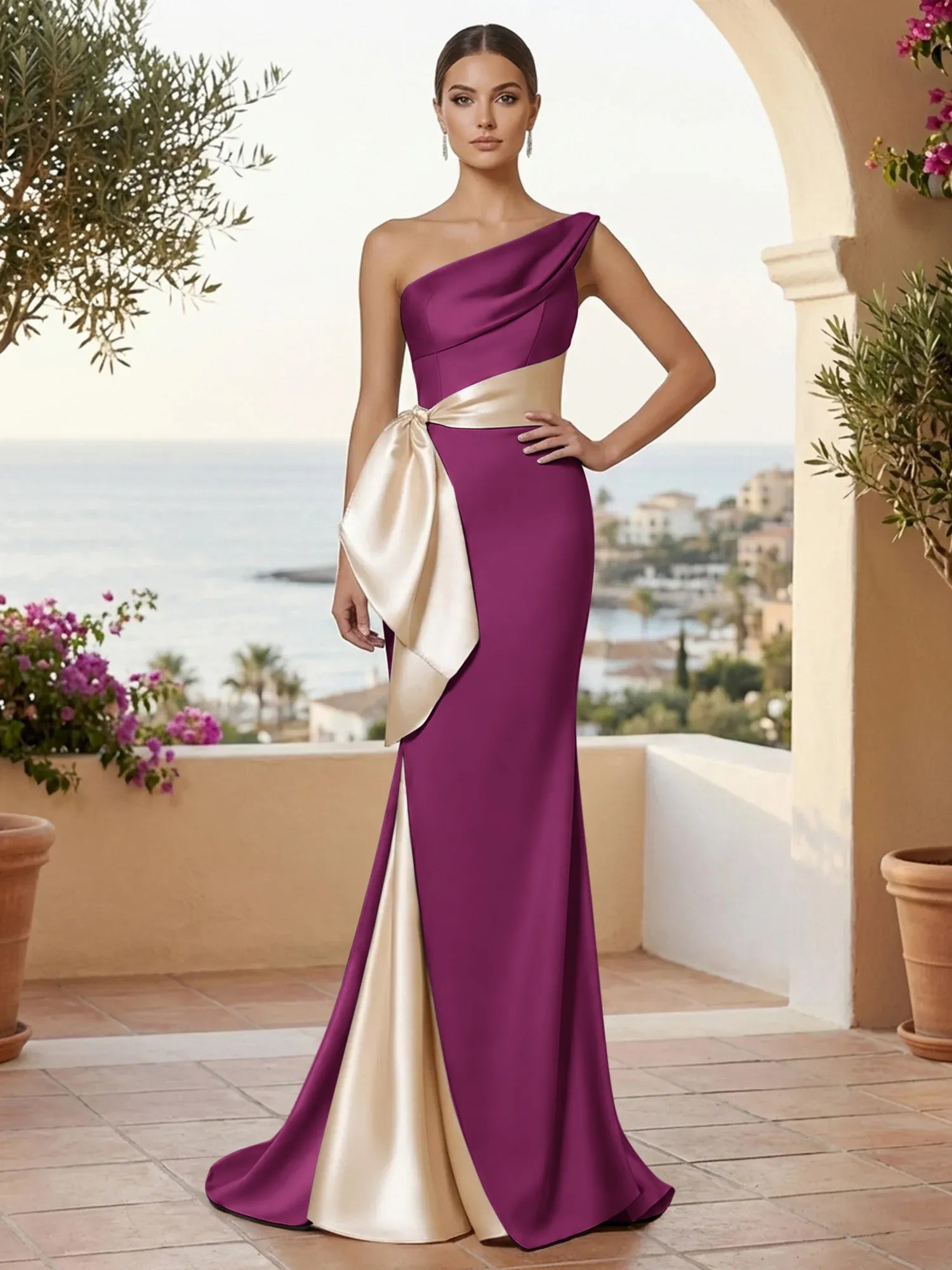 One Shoulder Mermaid Satin Pleat Evening Dresses with Bow