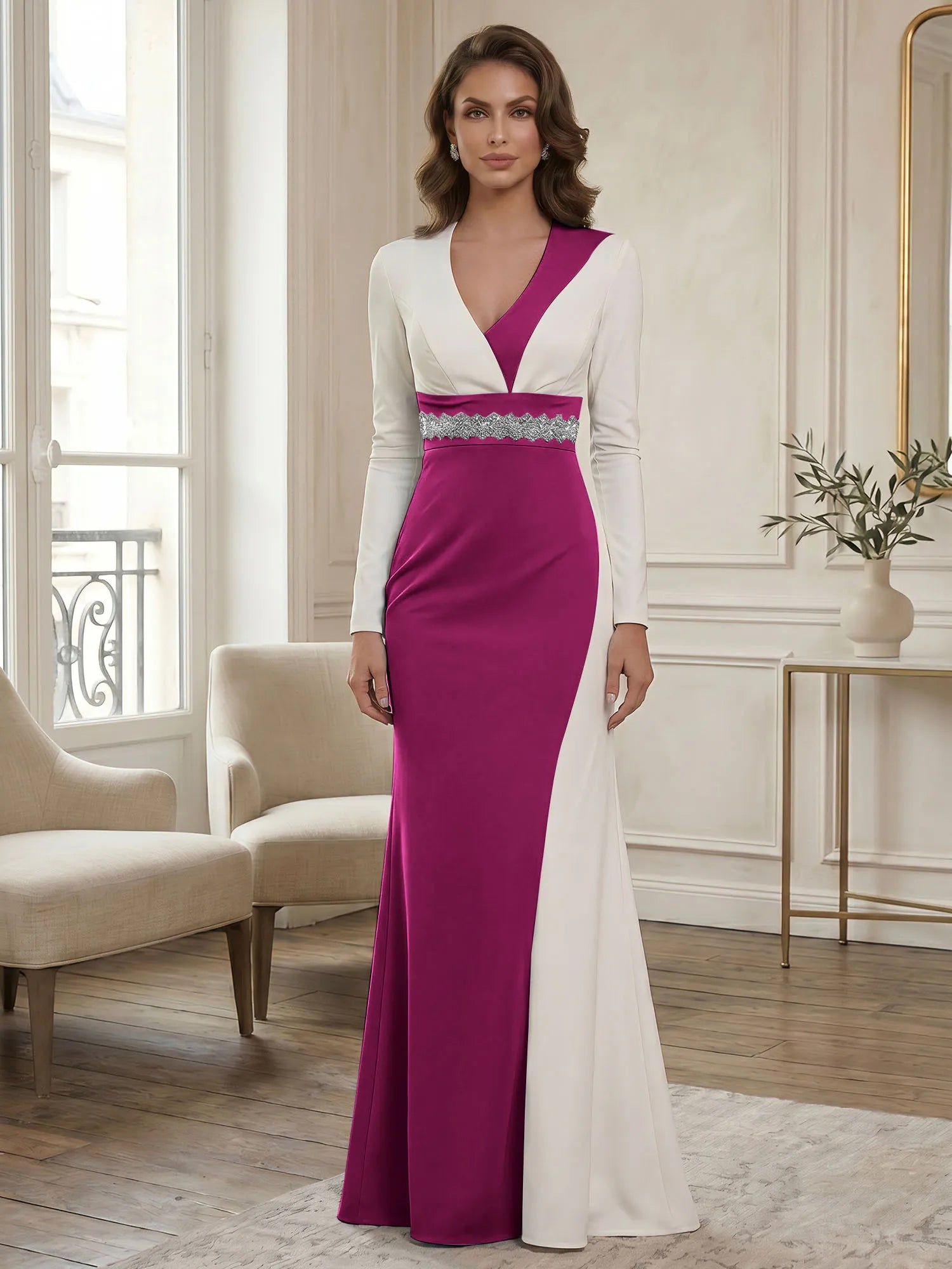Elegant Navy & White Color-Block Long Sleeve Floor-Length Evening Gown Formal Dresses