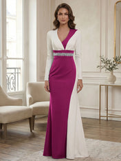 Elegant Navy & White Color-Block Long Sleeve Floor-Length Evening Gown Formal Dresses