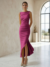 Elegant Formal Evening Gown Butter Yellow Ruched Asymmetrical Midi Dress
