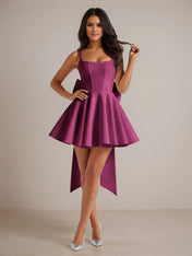 A-Line Square Neck Pleated Mini Homecoming Dress with Bow