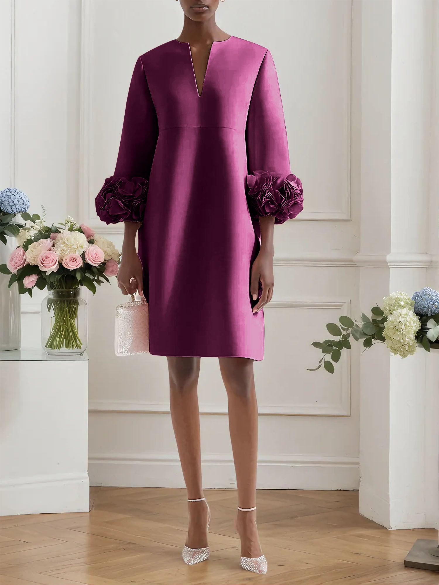 Pink 3D Floral Classic Notched Long Sleeve A-Line Midi Dress