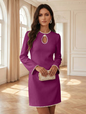 White Pearl Hollow Out Classic Crew Neck Long Sleeve Shift Mini Dress Gown