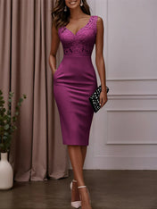 Pink Lace Hotfix Embellished Classic V Neck Sleeveless Sheath Midi Dress