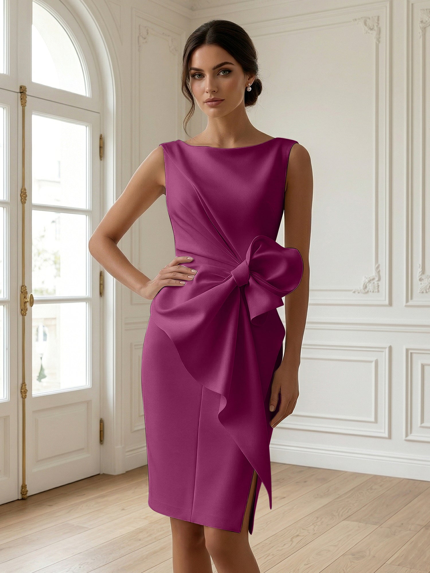 White 3D Bow Sleeveless Sheath Midi Dress Evening Gown