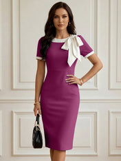 Powder Blue Bow Short Sleeve Sheath Midi Dress Gown