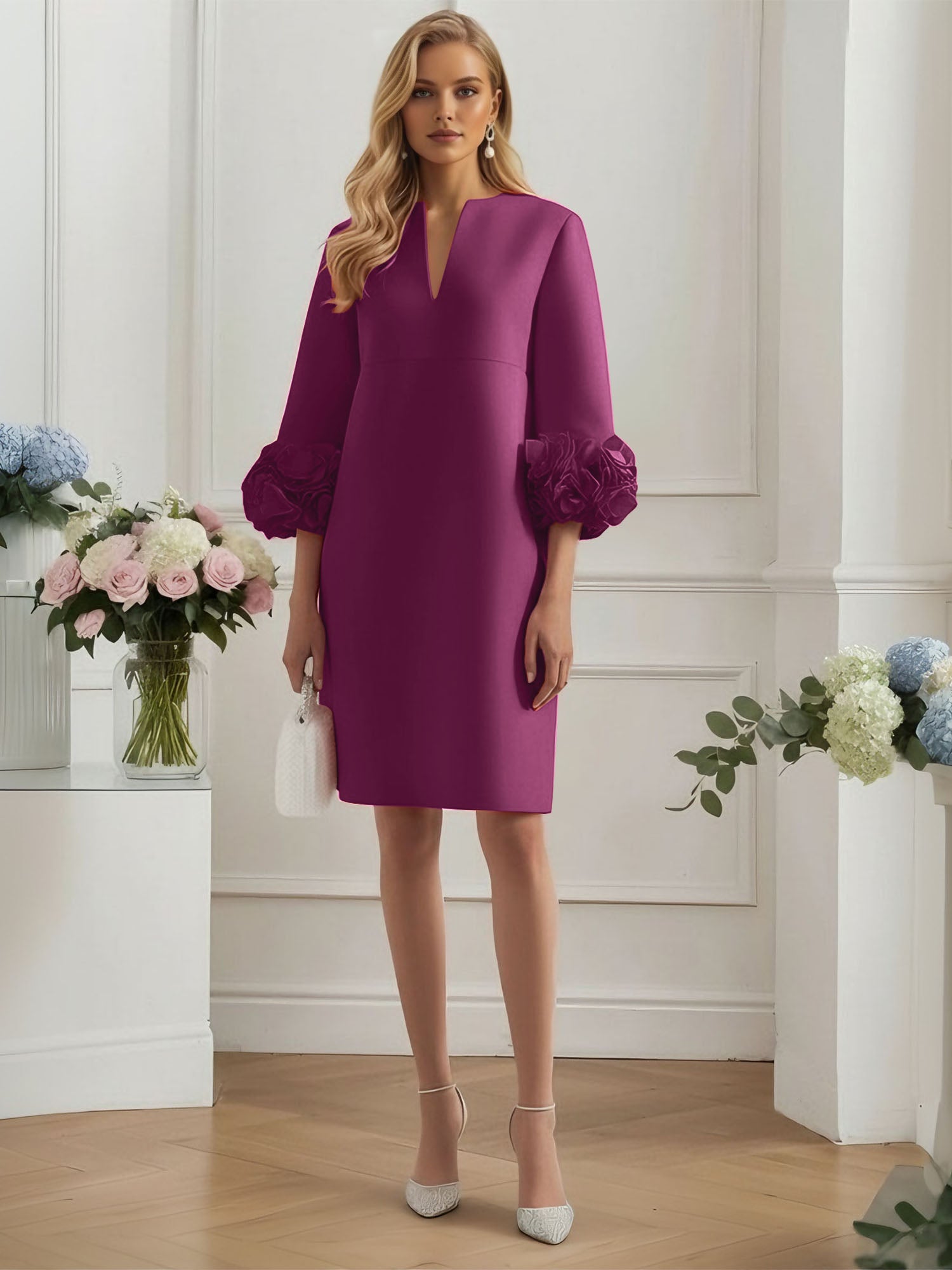 3D Floral Classic Notched Long Sleeve A-Line Midi Dress