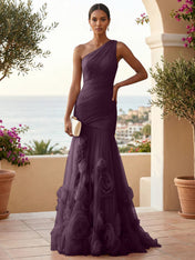 Sweetheart Tulle Pleat One Shoulder Mermaid Evening Dresses Gown with 3D Flower