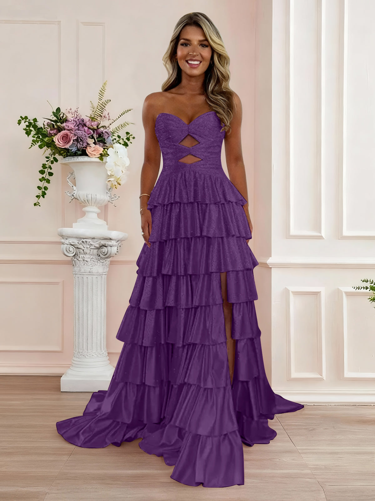 A Line Strapless Sweetheart Satin Prom Dress with Keyhole