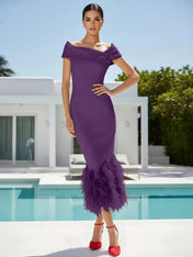 Striking Chartreuse Off-the-Shoulder Feather Trim Midi Dress Gown