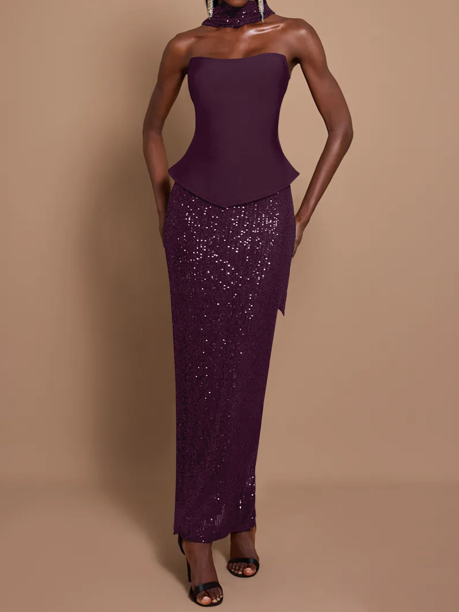 Off-Shoulder Bandage Top & Sequin Midi Skirt Set