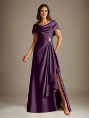 A-Line Scoop Floor-Length Stretch Satin Mother of the Bride Dress With Cascading Ruffles