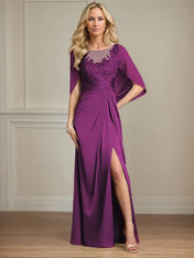 Sheath/Column Satin Scoop Neck Cap Sleeves Floor Length Mother Of The Bride Dresses