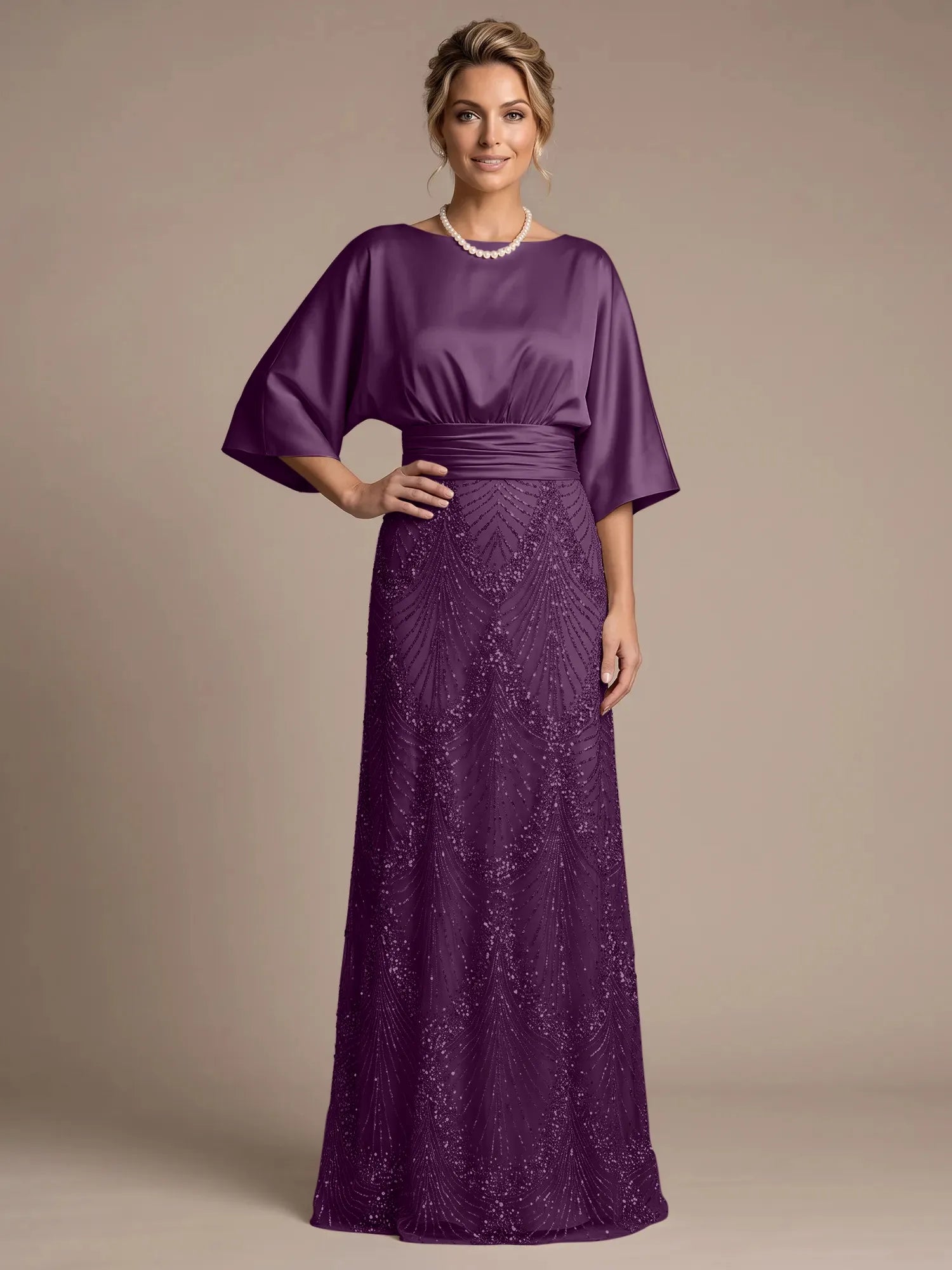 Bateau Neck Satin Evening Gown with 3/4 Batwing Sleeves Mother of The Bride Dresses