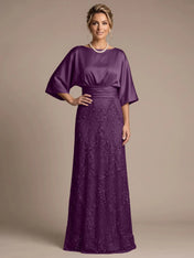 Bateau Neck Satin Evening Gown with 3/4 Batwing Sleeves Mother of The Bride Dresses