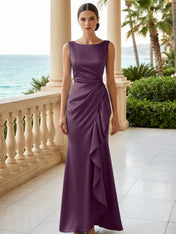 Dusty Blue Scoop Neck Evening Dress with Ruffle Mermaid Maxi Dress