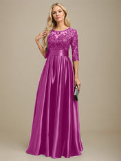 A-line Scoop Illusion Floor-Length Stretch Satin Lace Mother of the Bride Dress With Bow Sequins