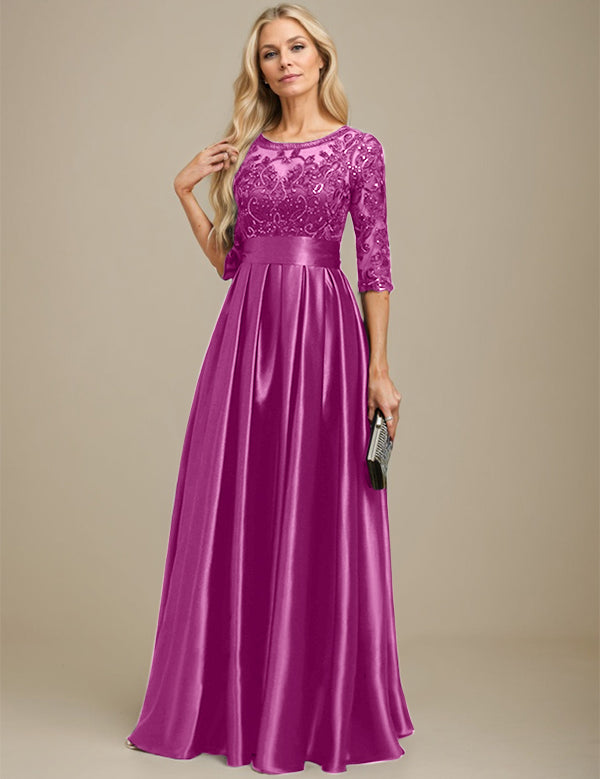 A-line Scoop Illusion Floor-Length Stretch Satin Lace Mother of the Bride Dress With Bow Sequins