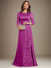 A-Line Scoop Floor-Length Lace Satin Mother Of the Bride Dress With Applique